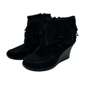 Minnetonka Black Suede Leather Fringe Ankle Wedge Booties Women 7.5 Festive‎